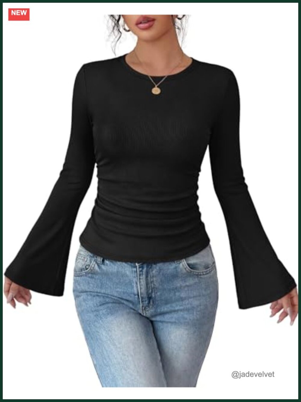 Long Sleeve Bell Sleeve Ruched T-Shirt Y2K Knit Women's
